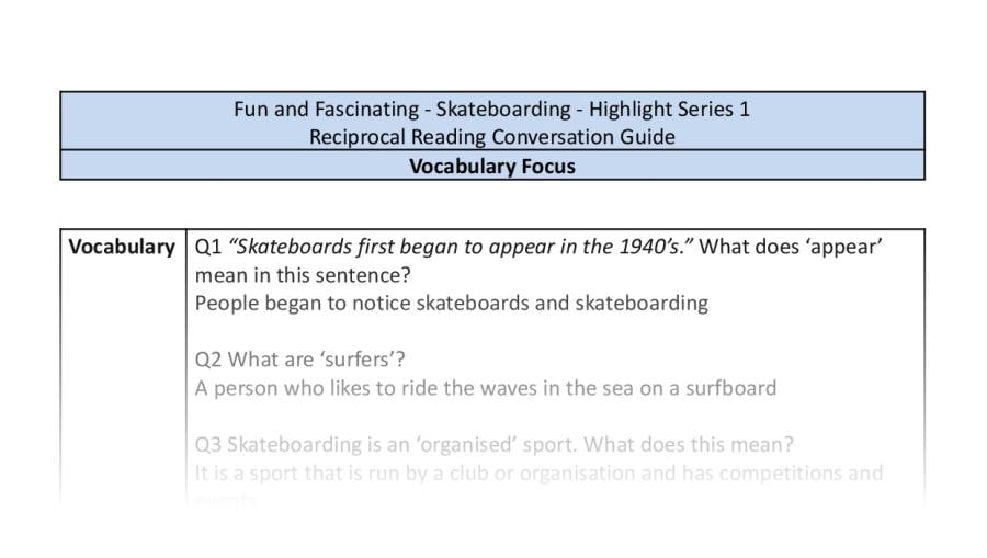 Reciprocal Reading Conversation - Skateboarding - Highlight Series 1 - Vocabulary Focus