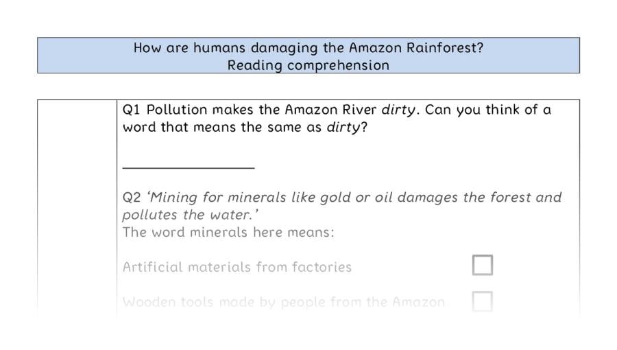 Reading comp-VRSIPE-How are humans damaging the Amazon Rainforest
