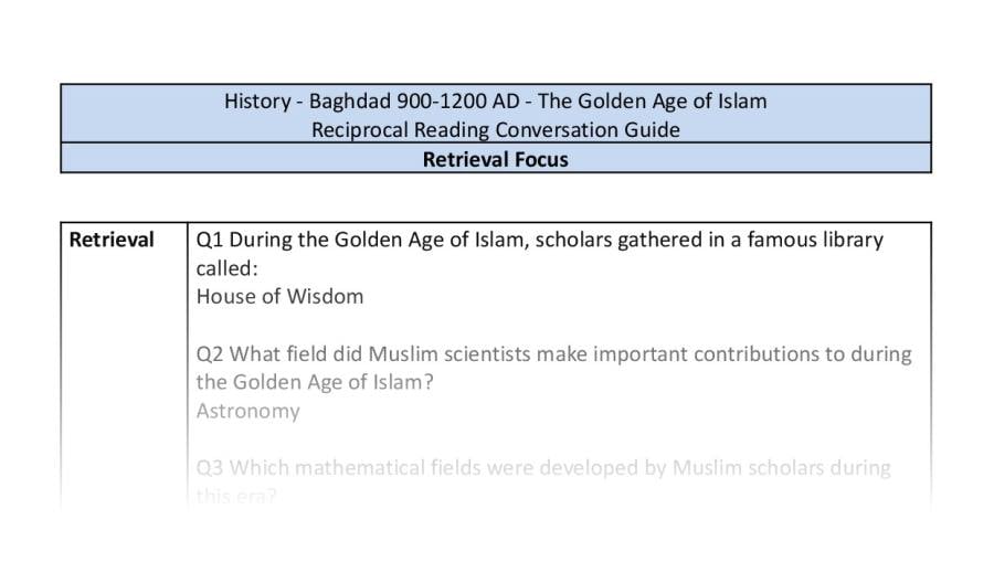 Reciprocal Reading Conversation - The Golden Age of Islam - Retrieval Focus