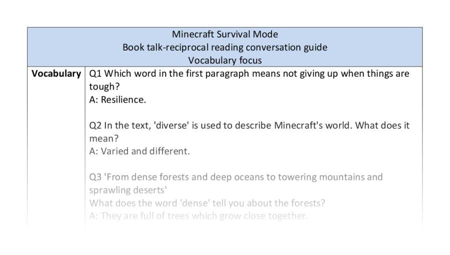 Reciprocal reading - vocabulary - Minecraft Survival Mode