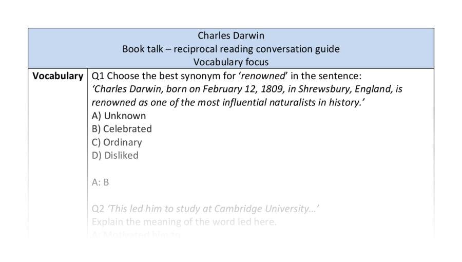 Reciprocal reading - vocabulary - Charles Darwin