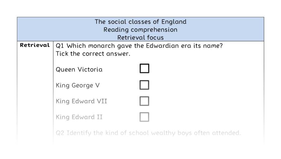 Reading comprehension - retrieval - The social classes of England
