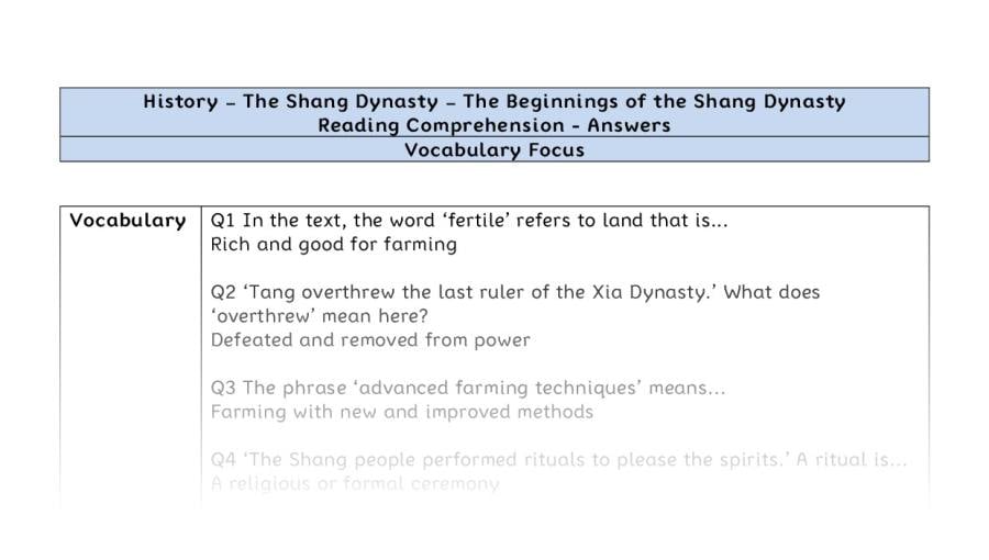 Reading Comprehension - The Beginnings of the Shang Dynasty - Vocabulary Focus