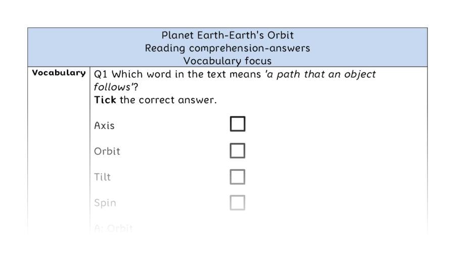 Reading comprehension - vocabulary - Planet Earth-Earths Orbit - answers