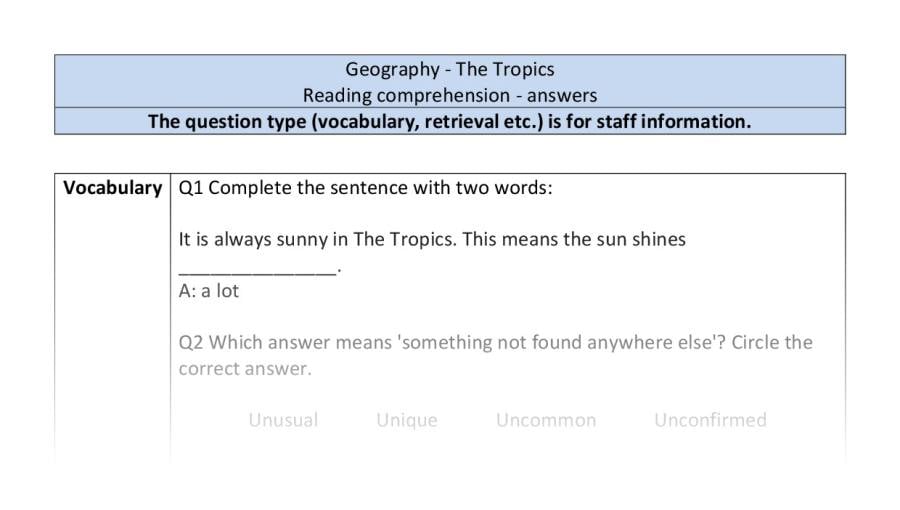 Reading comprehension - VRSIPE - Geography - The Tropics