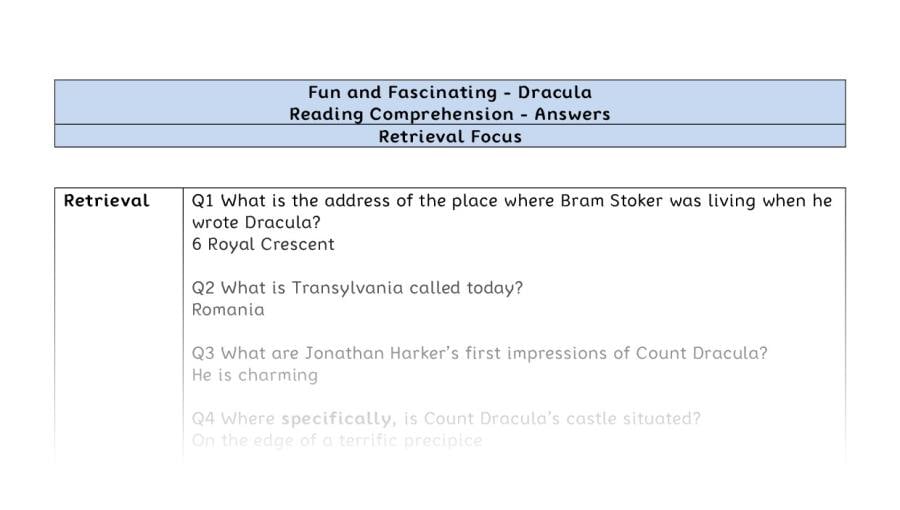 Reading Comprehension - Dracula - UKS2 - Retrieval Focus