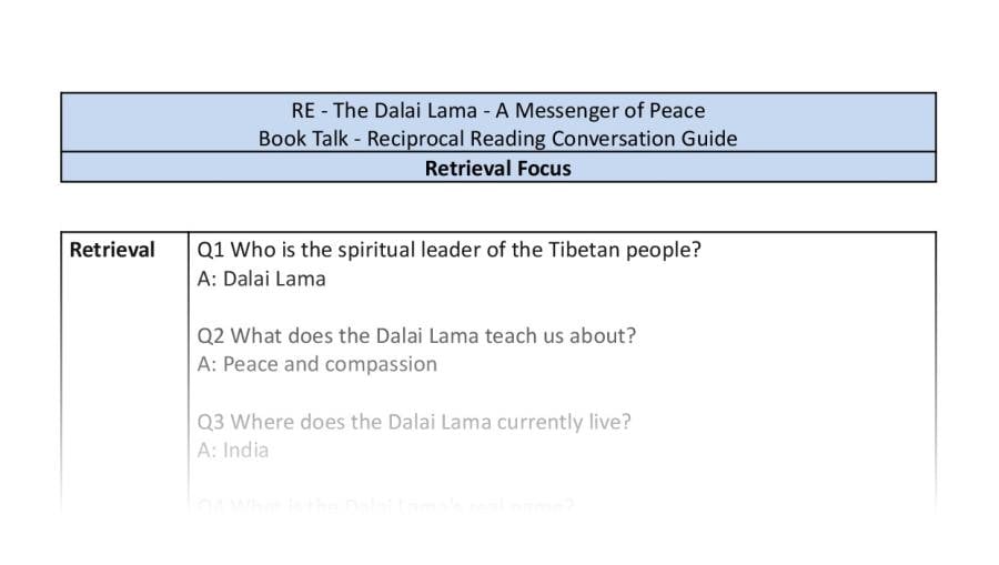 Reciprocal Reading Conversation - The Dalai Lama - A Messenger of Peace - Retrieval Focus