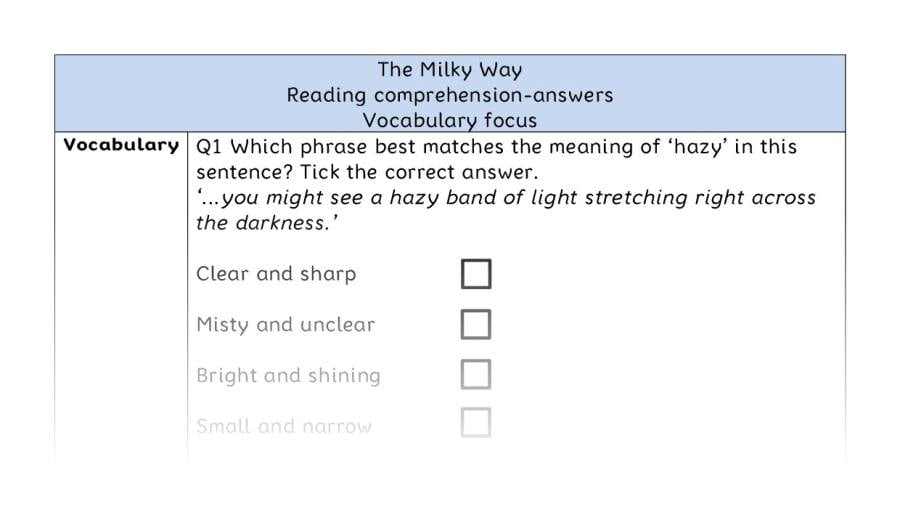 Reading comprehension - vocabulary - The Milky Way - answers