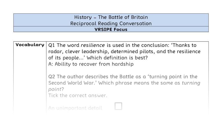 The Battle of Britain - Reciprocal Reading Conversation- VRSIPE Focus