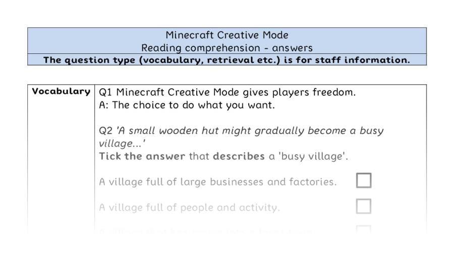 Reading comprehension - VRSIPE - Minecraft Creative Mode - answers