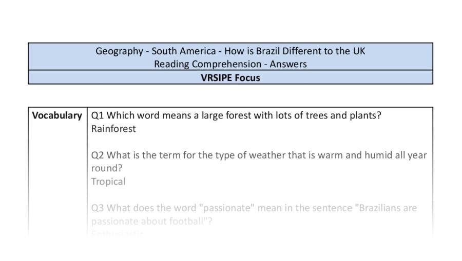 Reading Comprehension-How is Brazil Different to the UK-VRSIPE Focus-answers