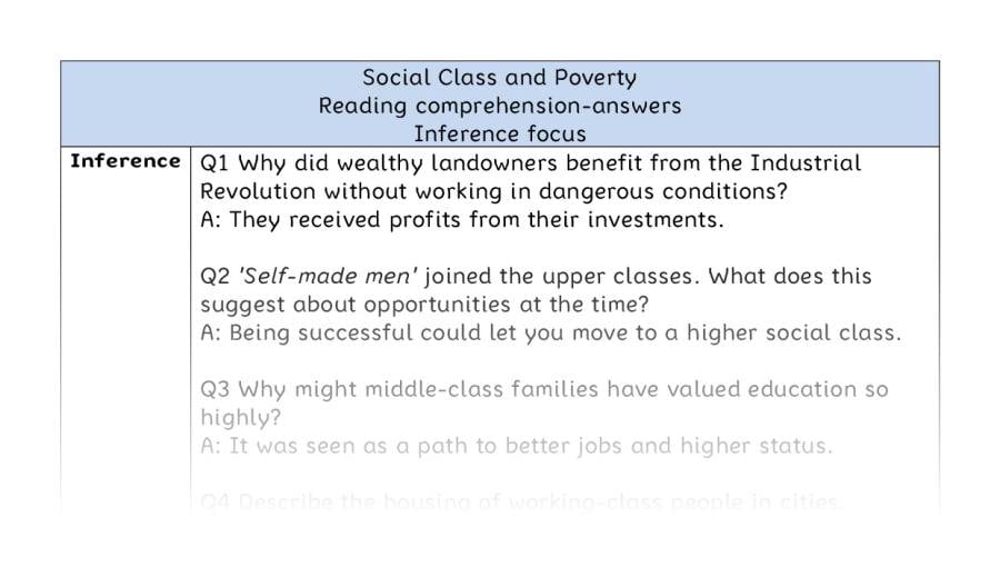 Reading comprehension - inference - Social Class and Poverty - answers