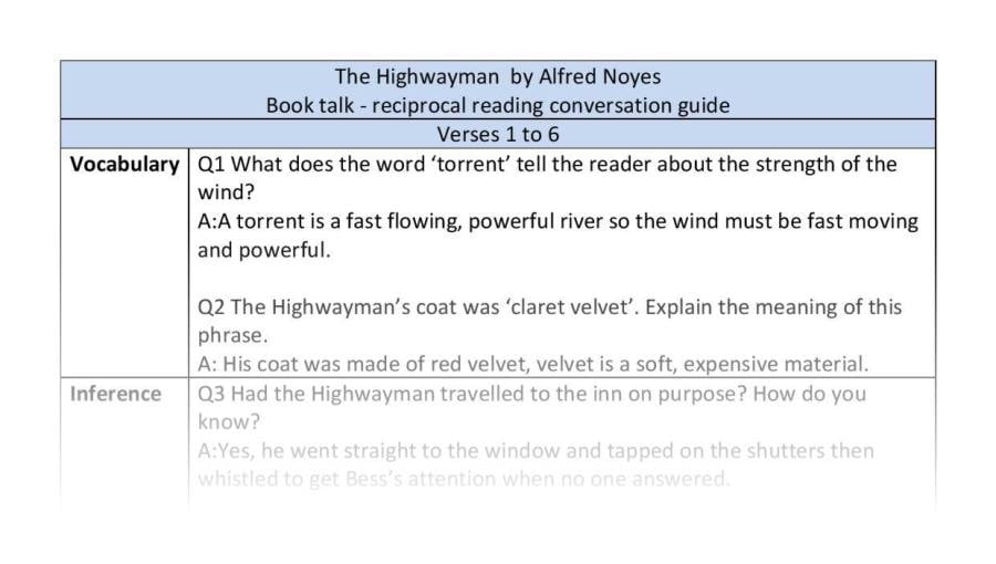 Reciprocal reading - The Highwayman - verses 1 to 6