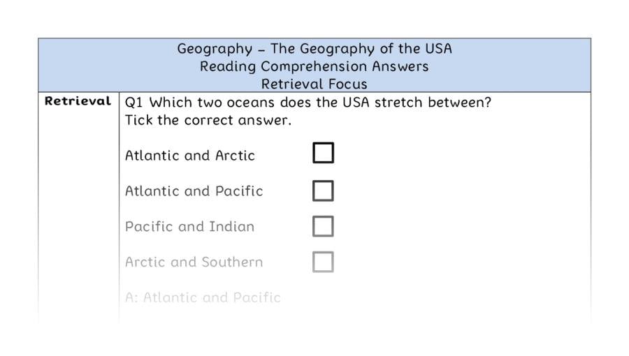 The Geography of the USA - Reading Comprehension Answers - Retrieval Focus