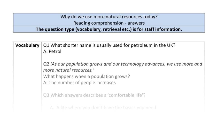 Reading comprehension - VRSIPE - Why do we use more natural resources today