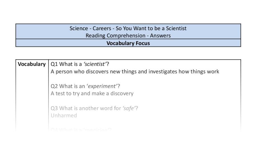Reading Comprehension-vocabulary-So You Want to be a Scientist-answers