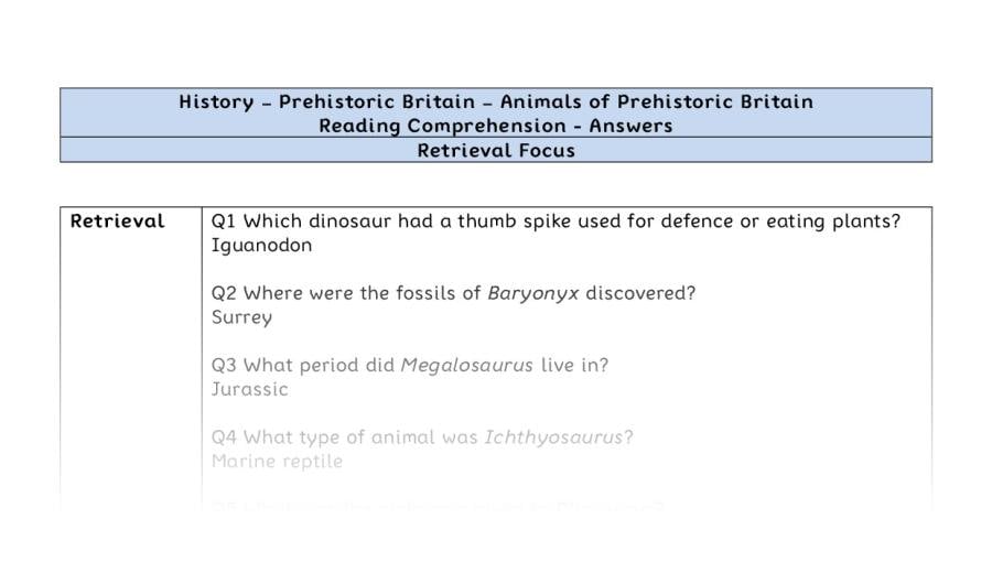 Reading Comprehension - Animals of Prehistoric Britain - Retrieval Focus