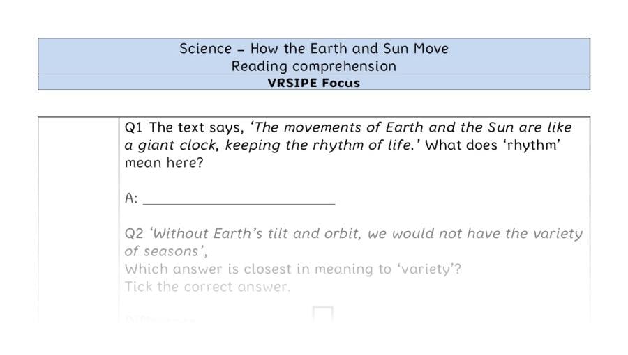 How the Earth and Sun Move - Reading Comprehension - VRSIPE Focus