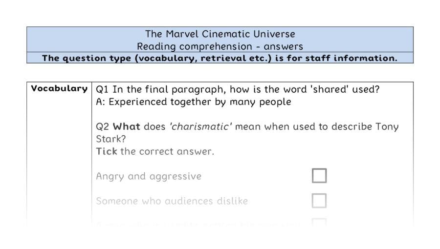 Reading comprehension - VRSIPE - The Marvel Cinematic Universe - answers