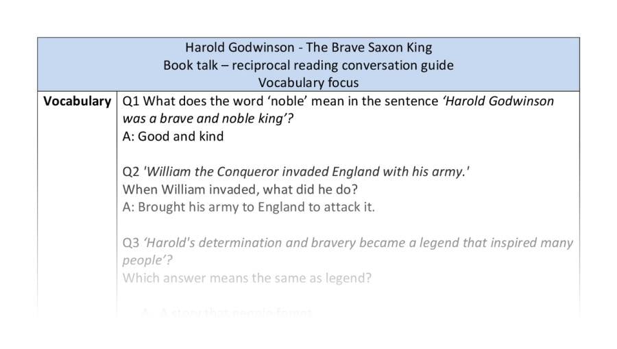 Reciprocal reading - vocabulary - Harold Godwinson - The Brave Saxon King