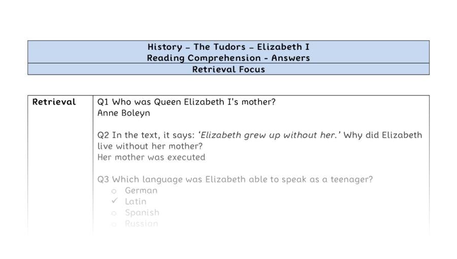 Reading comprehension - Elizabeth I - retrieval-answers