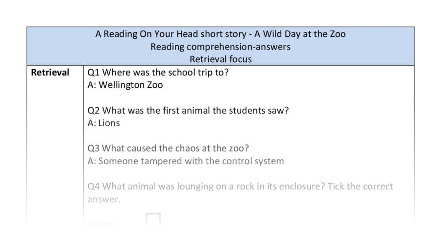 Reading comprehension - retrieval - A Wild Day at the Zoo - answers