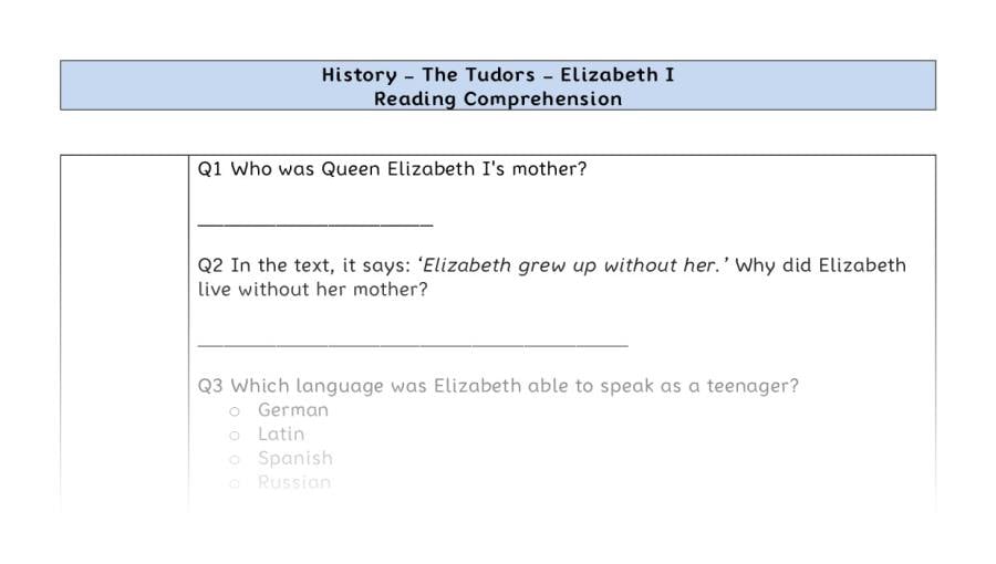 Reading comprehension - Elizabeth I - retrieval