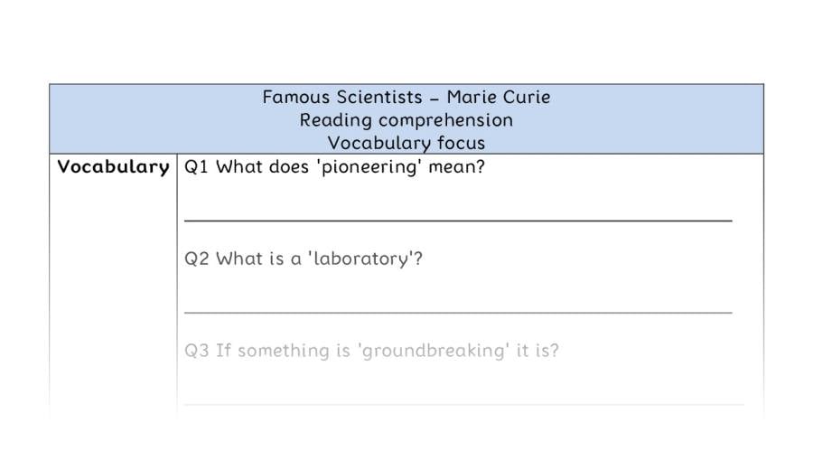 Reading comprehension - vocabulary -Marie Curie
