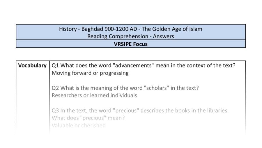 Reading comprehension-VRSIPE - The Golden Age of Islam - answers