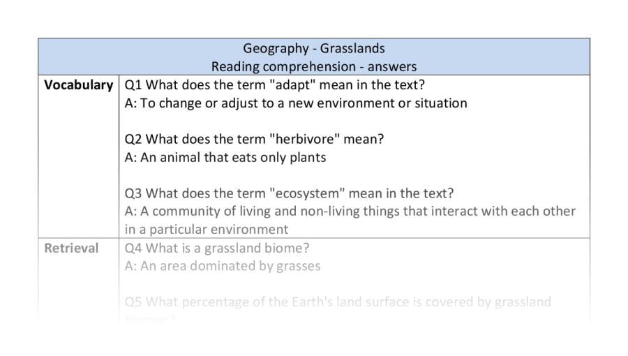Reading comprehension - geography - grasslands