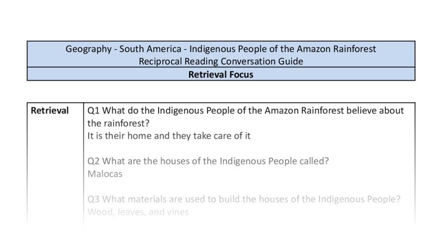 Reciprocal Reading Conversation - Indigenous People of the Amazon Rainforest - Retrieval Focus