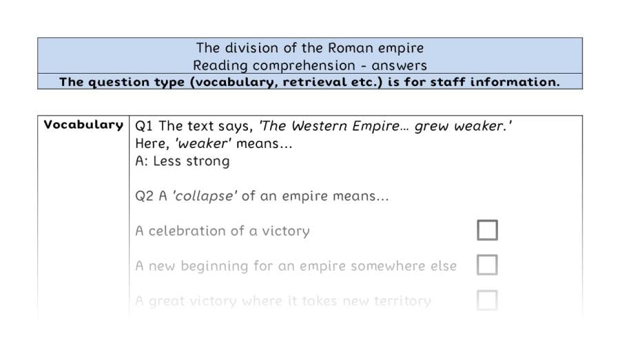 Reading comprehension VRSIPE - The division of the Roman empire - answers