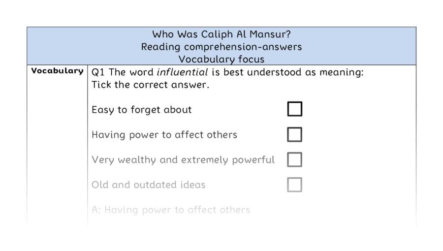 Reading comprehension - vocabulary - Who Was Caliph Al Mansur - answers