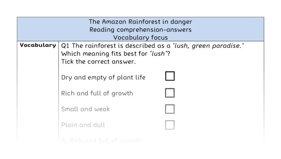 Reading comprehension - vocabulary - The Amazon Rainforest in danger - answers