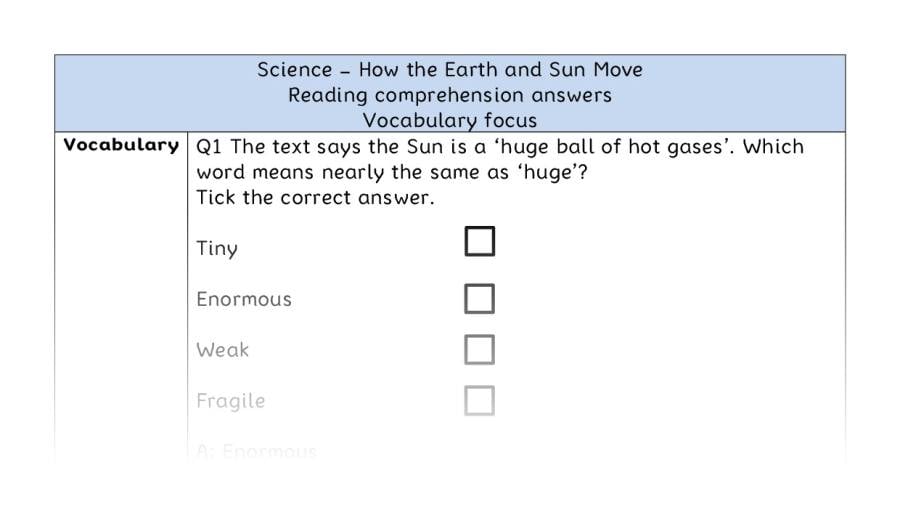 How the Earth and Sun Move - Reading Comprehension Answers - Vocabulary Focus