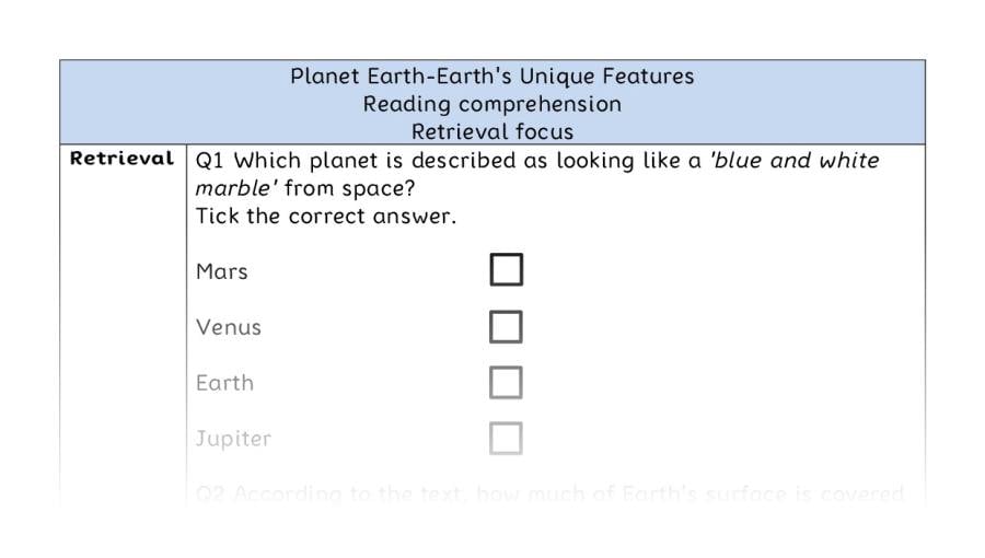 Reading comprehension - retrieval - Planet Earth-Earths Unique Features