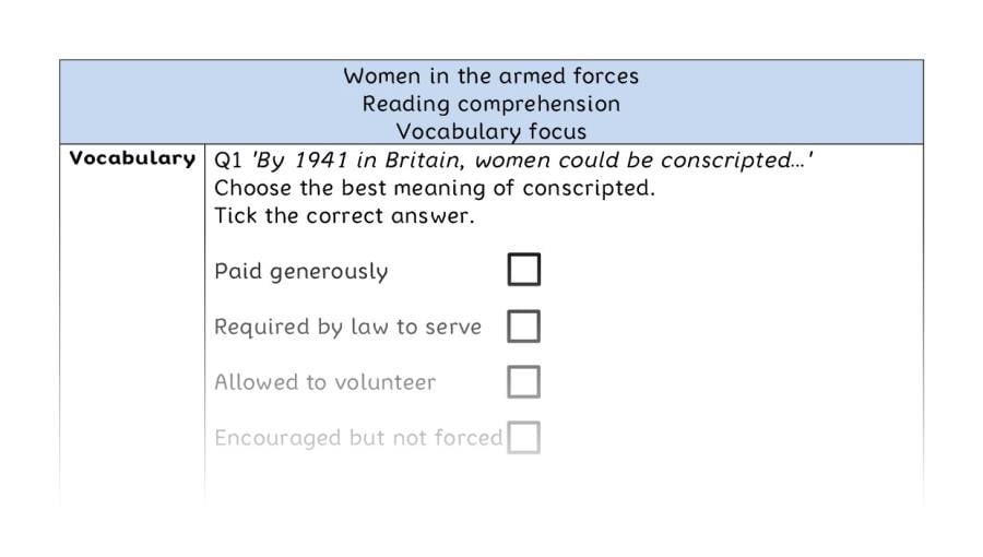 Reading comprehension - vocabulary - Women in the armed forces