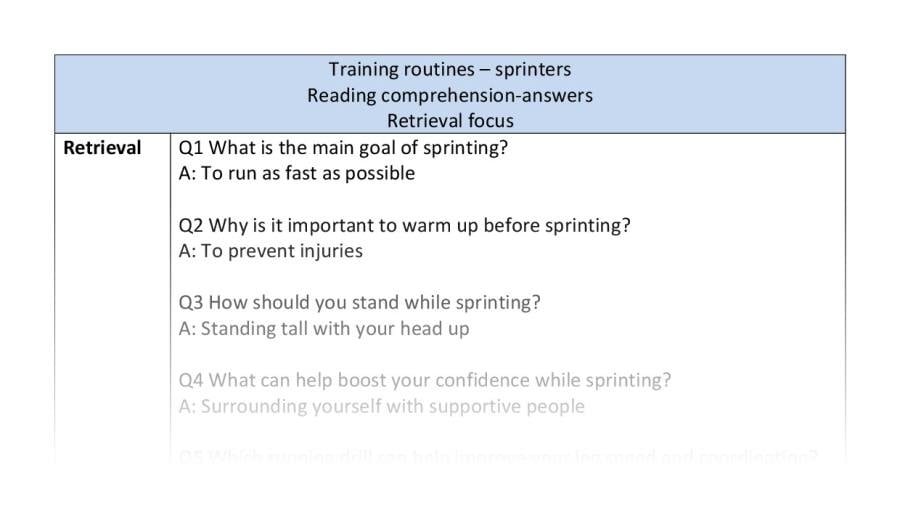 Reading comprehension - retrieval - Training routines - sprinters - answers