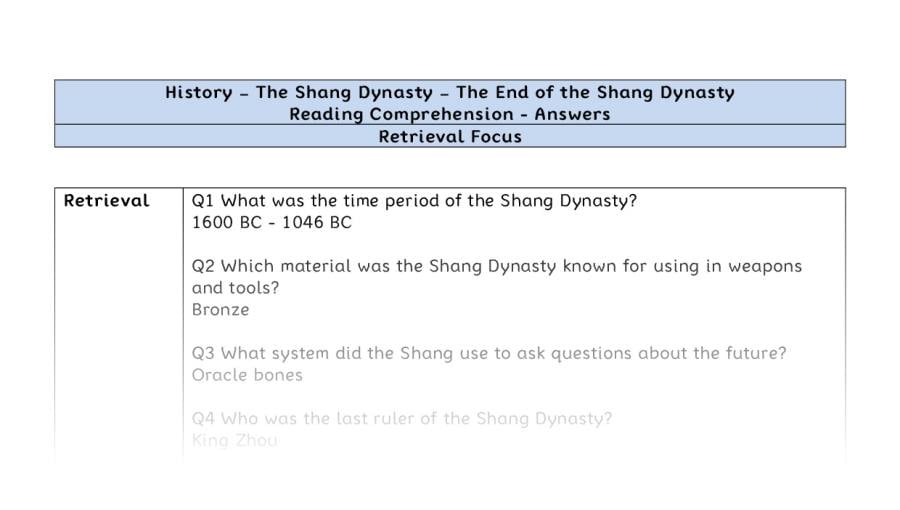 Reading Comprehension - The End of the Shang Dynasty - Retrieval Focus