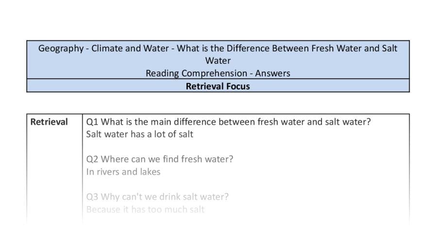 Reading comp - difference fresh and salt water - retrieval focus-answers