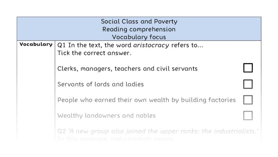 Reading comprehension - vocabulary - Social Class and Poverty