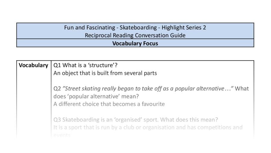 Reciprocal Reading Conversation - Skateboarding - Highlight Series 2 - Vocabulary Focus