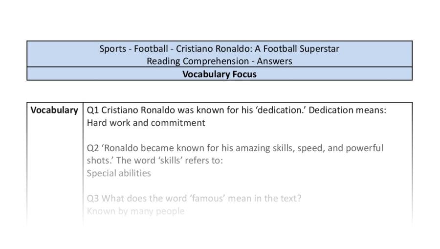 Reading Comprehension - Cristiano Ronaldo A Football Superstar - Vocabulary Focus