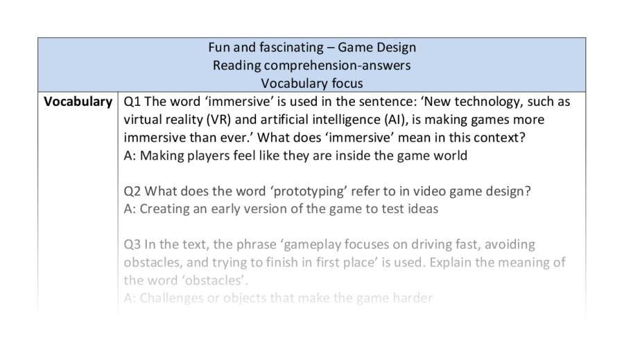 Reading comprehension - vocabulary - Game Design