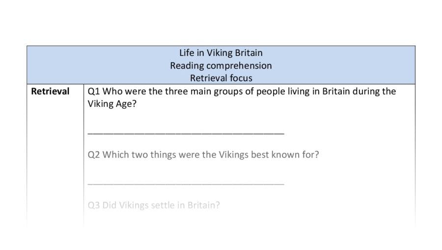 Reading comprehension - retrieval - Life in Viking Britain