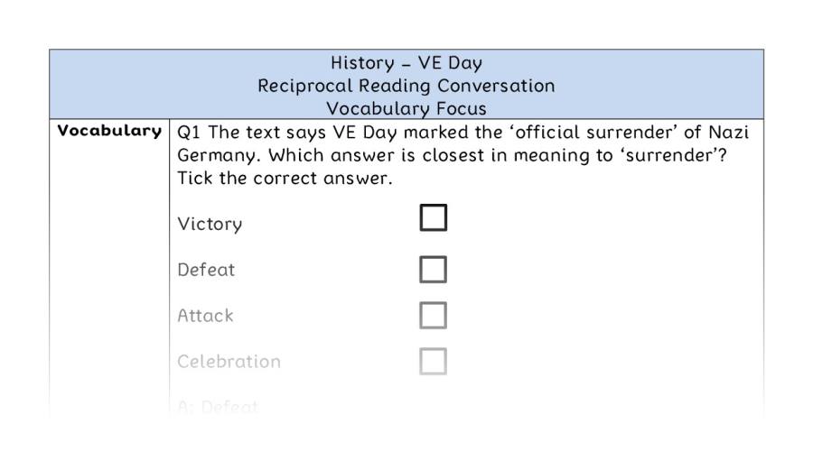 VE Day - Reciprocal Reading Conversation - Vocabulary Focus