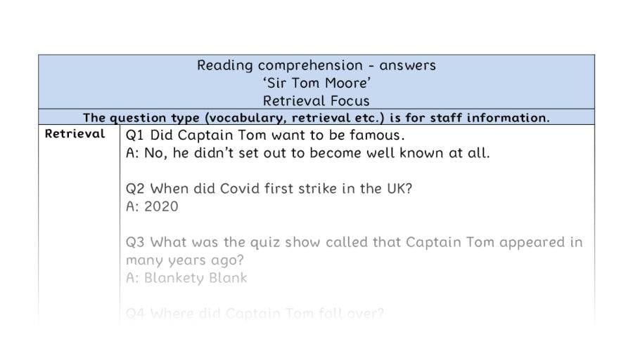 Reading comprehension - Sir Tom Moore - retrieval - answers
