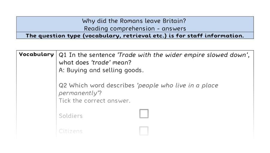 Reading comprehension VRSIPE - Why did the Romans leave Britain - answers