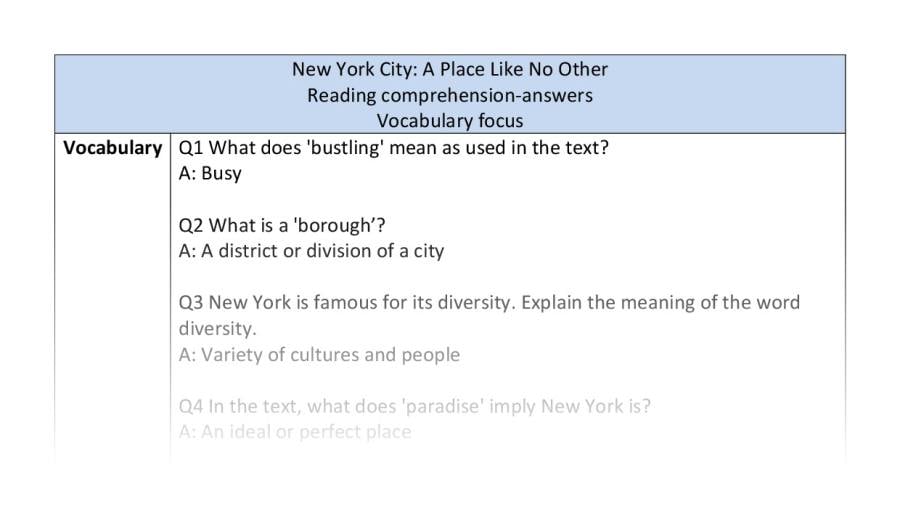 Reading comprehension - vocabulary - New York - answers