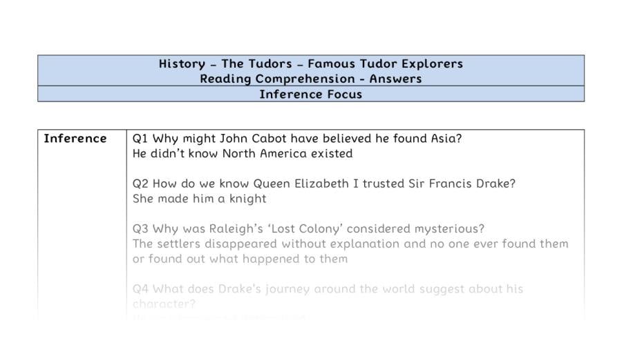Reading comprehension - famous Tudor explorers - inference-answers